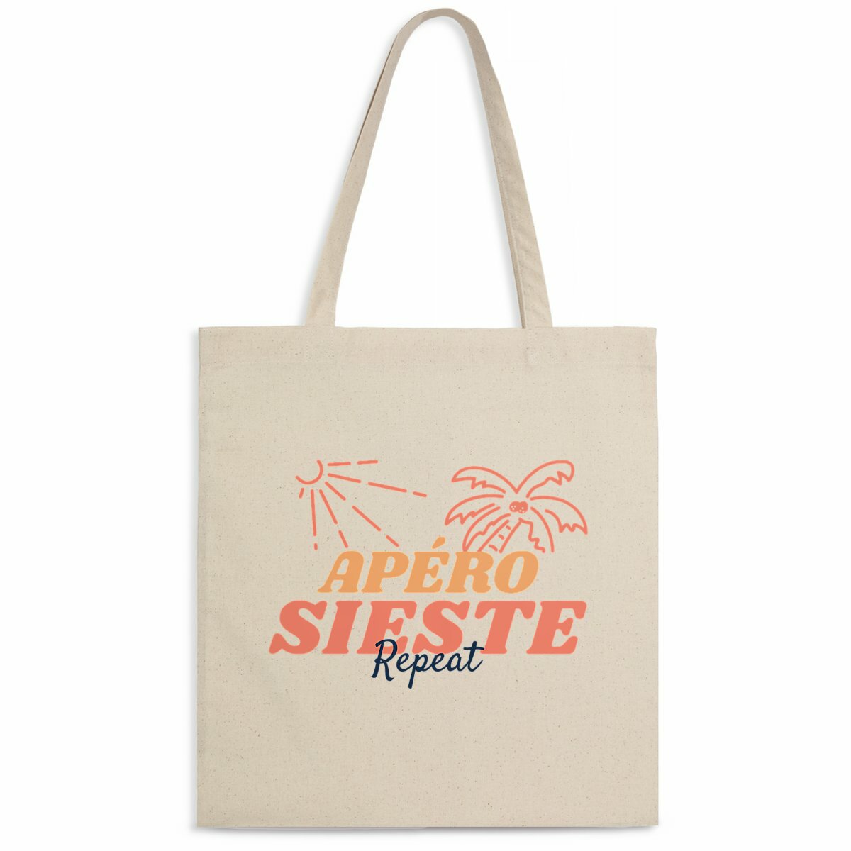 Totebag en coton bio avec le design 'Apéro Sieste Repeat', léger, pratique et éco-responsable. Sac réutilisable parfait pour les moments de détente et les sorties décontractées.