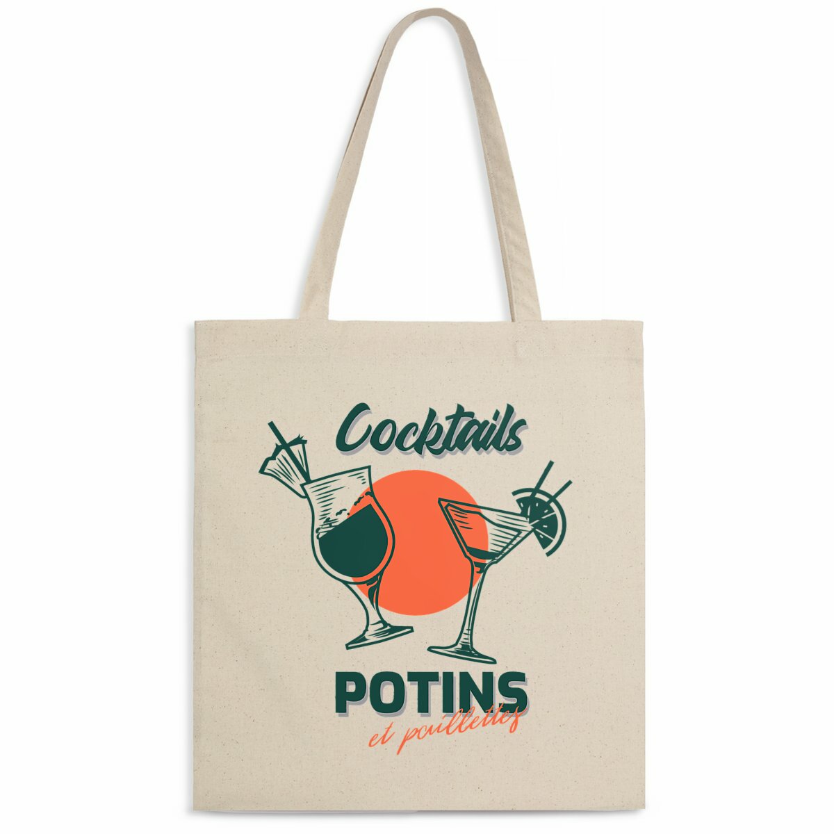 Totebag léger avec le design "Cocktails, Potins et Paillettes". Fabriqué à partir de 100% coton biologique, ce sac est à la fois écologique et tendance. Il pèse 160 g, est de taille unique et idéal pour transporter vos essentiels du quotidien. Avec son look fun et glamour, il est parfait pour un usage quotidien tout en étant respectueux de l'environnement.