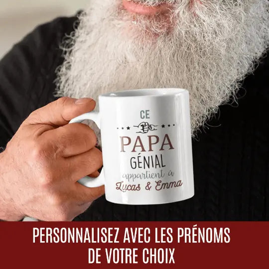 Mug céramique - Ce papa génial appartient à (à personnaliser avec le ou les prénoms de votre choix) Blanc