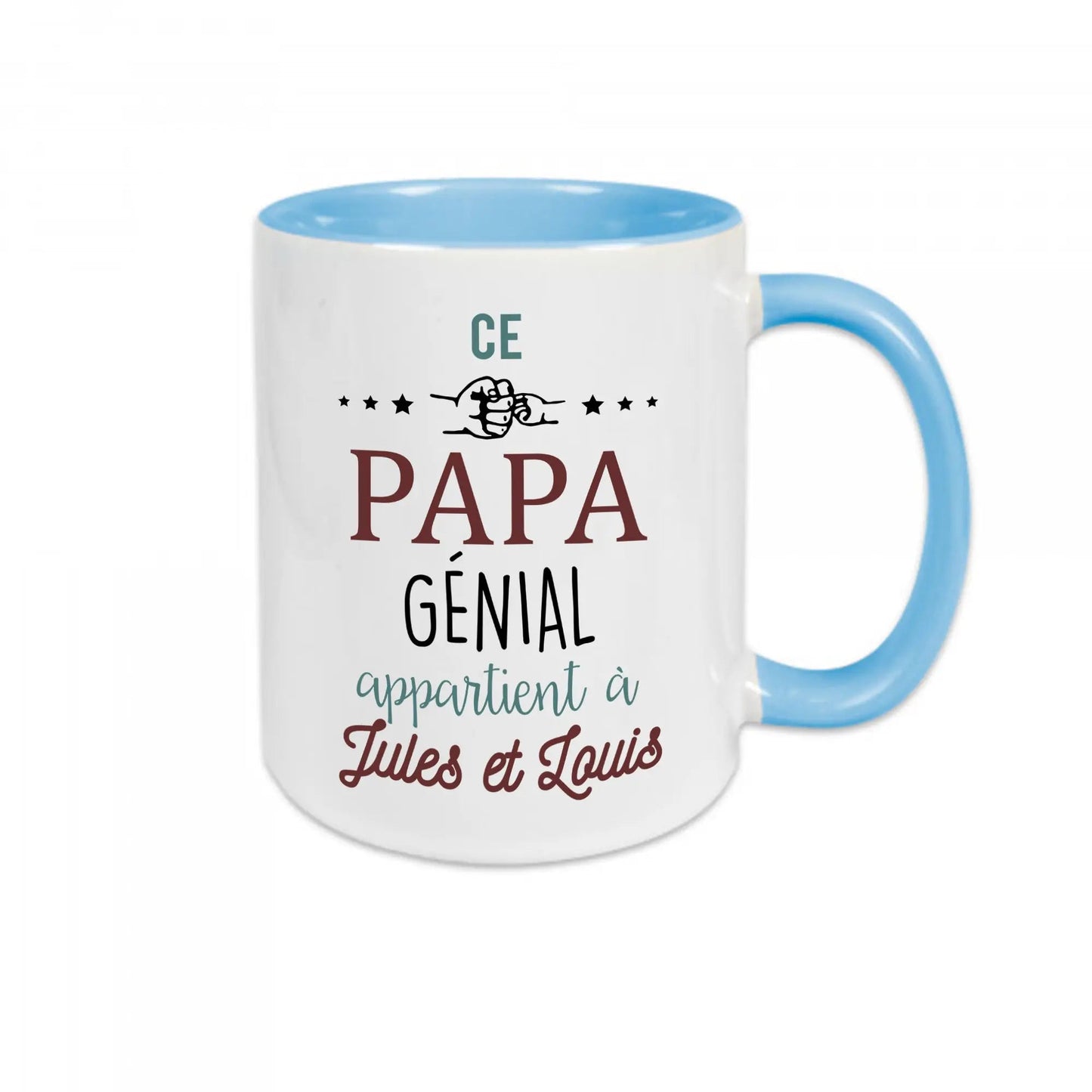 Mug céramique - Ce papa génial appartient à (à personnaliser avec le ou les prénoms de votre choix) Bleu
