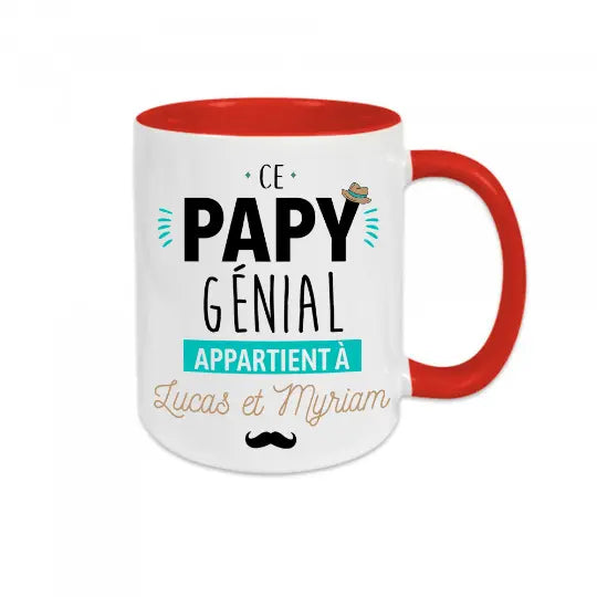 Mug céramique - Ce papy génial appartient à (à personnaliser avec le ou les prénoms de votre choix) Rouge - Mugs