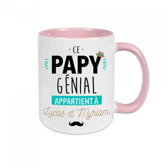 Mug céramique - Ce papy génial appartient à (à personnaliser avec le ou les prénoms de votre choix) Rose - Mugs
