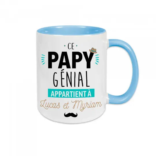 Mug céramique - Ce papy génial appartient à (à personnaliser avec le ou les prénoms de votre choix) Bleu - Mugs