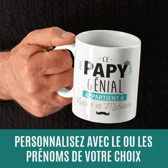 Mug céramique - Ce papy génial appartient à (à personnaliser avec le ou les prénoms de votre choix) Blanc - Mugs