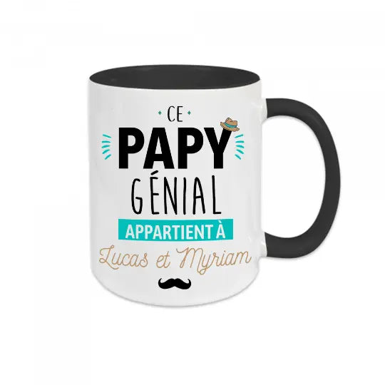 Mug céramique - Ce papy génial appartient à (à personnaliser avec le ou les prénoms de votre choix) Noir - Mugs