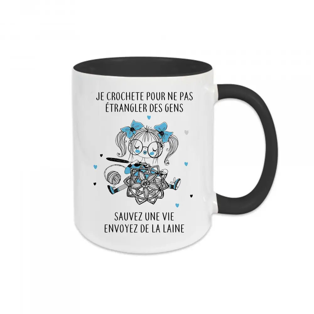 Mug en céramique blanc avec texte humoristique "Je crochète pour ne pas étrangler des gens"