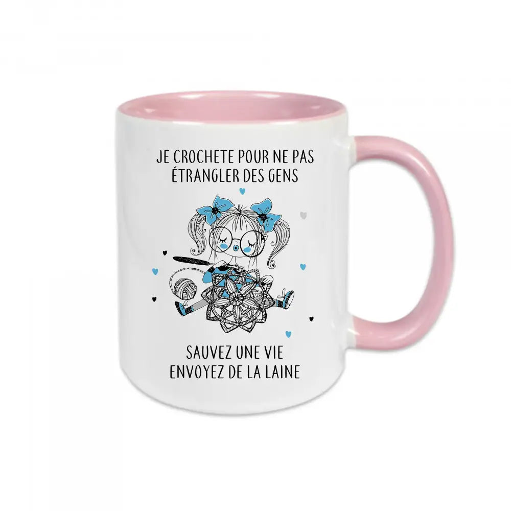 Mug en céramique blanc avec texte humoristique "Je crochète pour ne pas étrangler des gens"