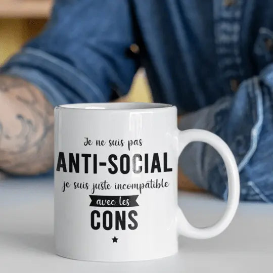Mug céramique - Je ne suis pas anti-social je suis juste incompatible avec les cons - Blanc - Mugs