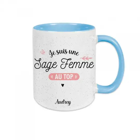 Mug céramique personnalisable Je suis une sage femme au top avec prénom de votre choix - Bleu - Mugs
