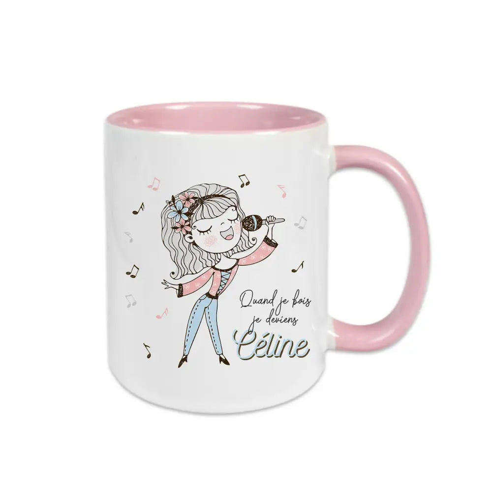 Mug en céramique blanc avec texte "Quand je bois je deviens Céline"