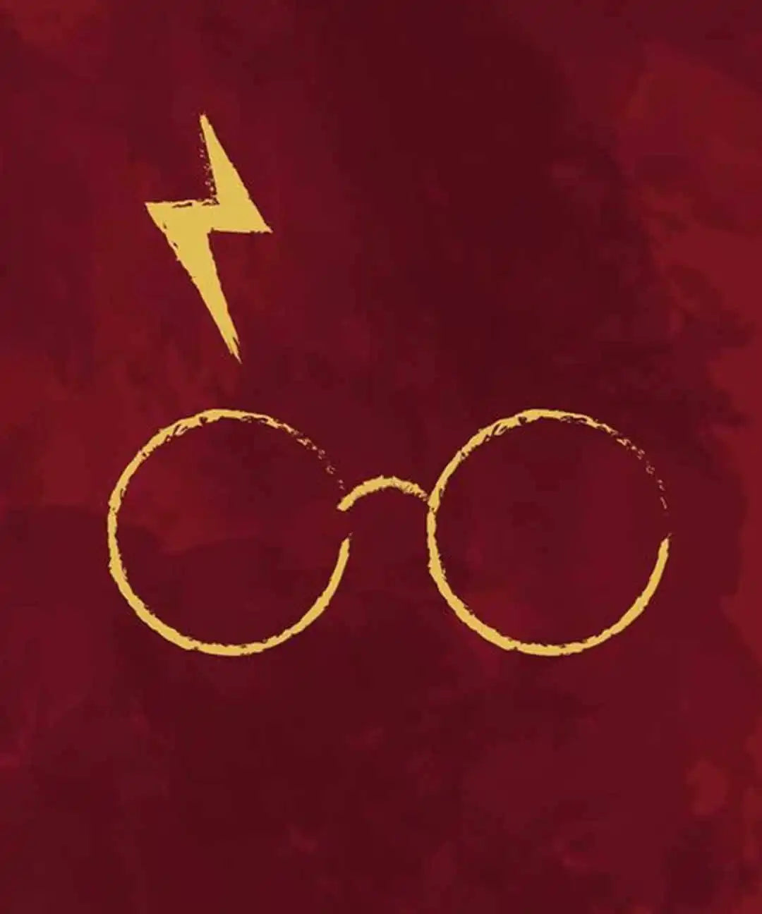 Contour doré stylisé des lunettes de Harry Potter et de la cicatrice en forme d'éclair sur un fond rouge foncé.