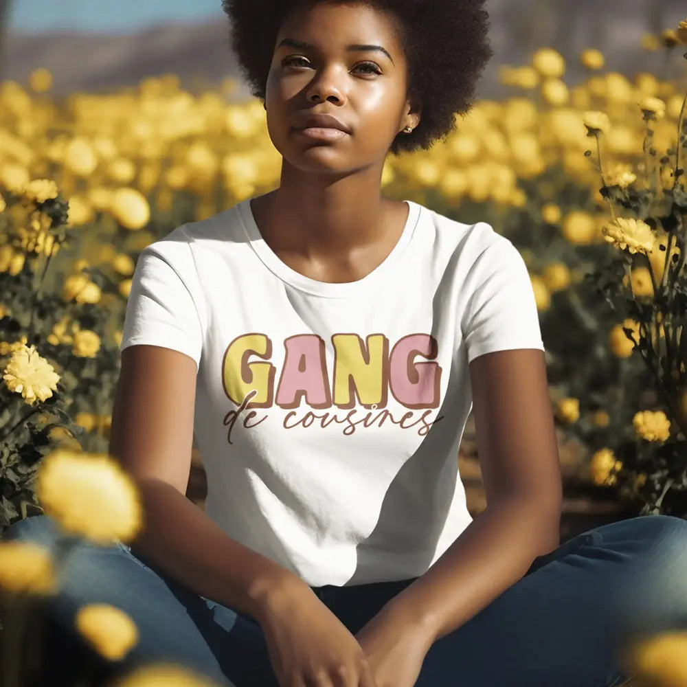 T-shirt femme avec l'inscription 'Gang de cousines', un design fun et complice, parfait pour afficher votre complicité familiale avec style.