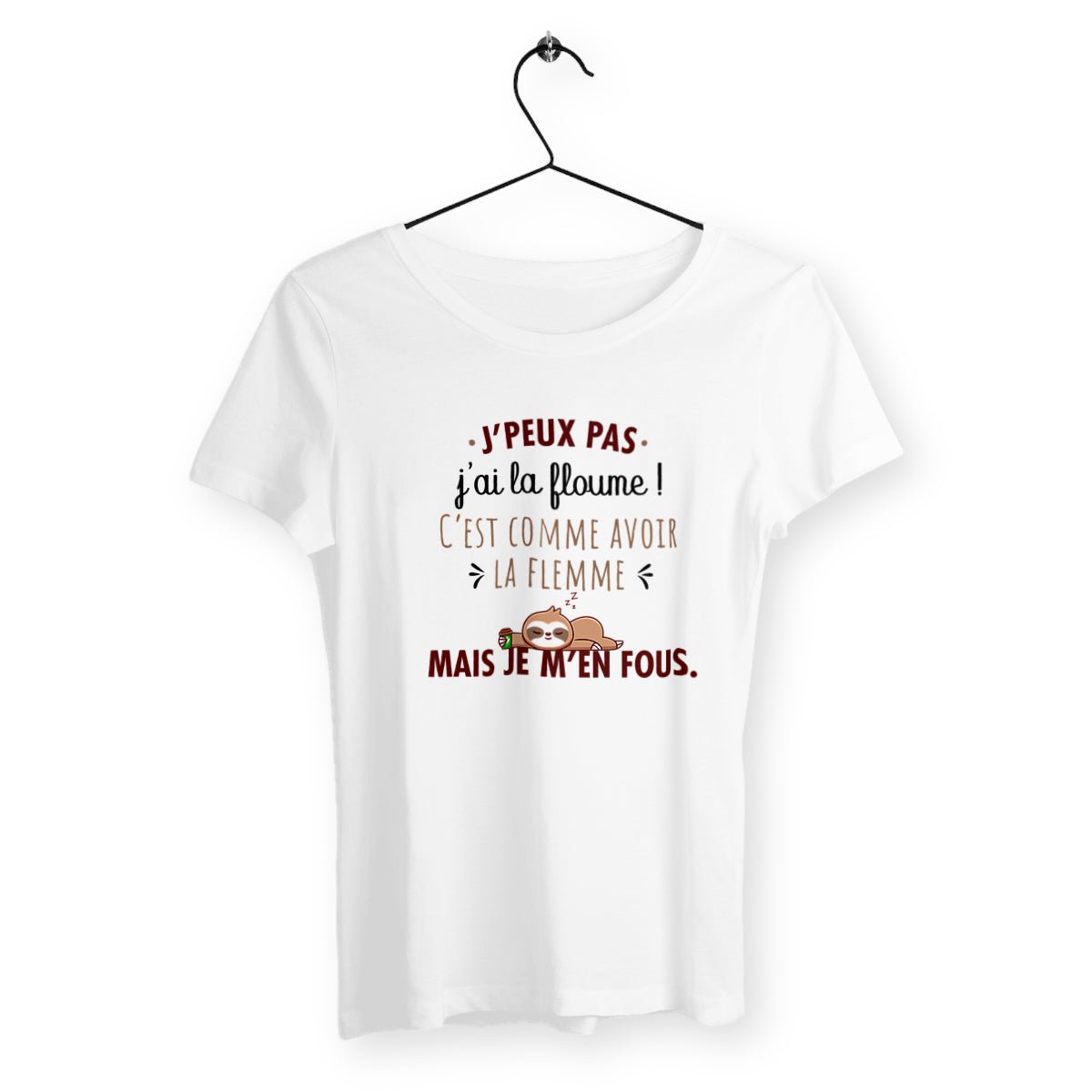 T-shirt femme avec l'inscription "J'ai la floume", parfait pour celles qui aiment exprimer leur humeur décontractée avec humour. Confortable et stylé, il reflète une attitude relax et un état d’esprit zen avec une touche de fun.