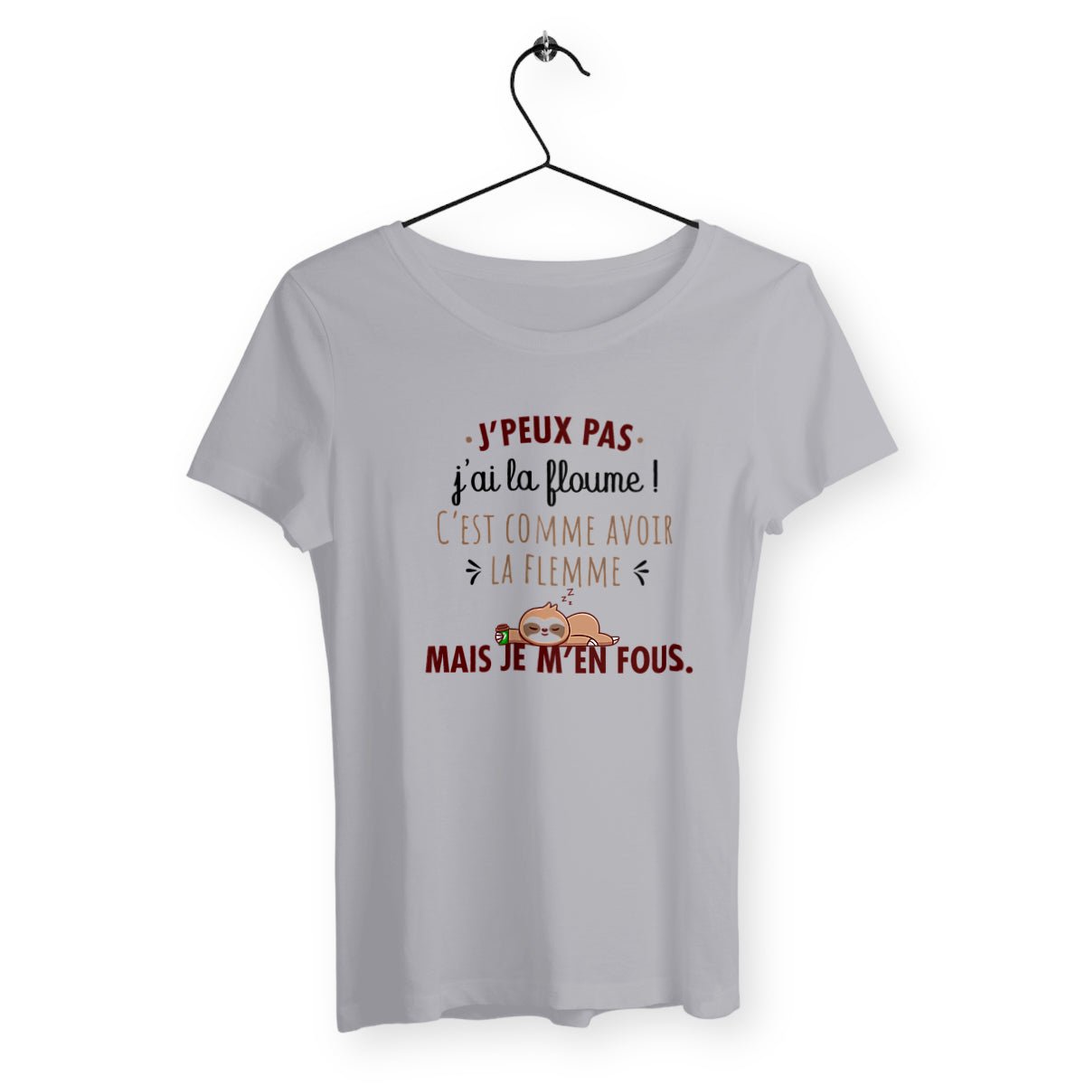 T-shirt femme avec l'inscription "J'ai la floume", parfait pour celles qui aiment exprimer leur humeur décontractée avec humour. Confortable et stylé, il reflète une attitude relax et un état d’esprit zen avec une touche de fun.