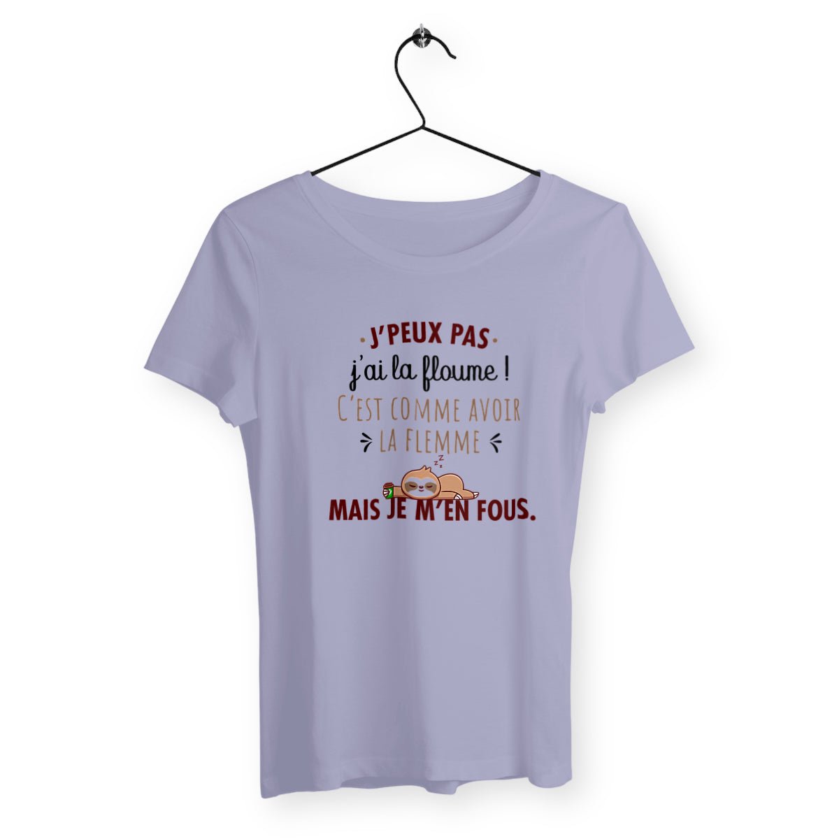 T-shirt femme avec l'inscription "J'ai la floume", parfait pour celles qui aiment exprimer leur humeur décontractée avec humour. Confortable et stylé, il reflète une attitude relax et un état d’esprit zen avec une touche de fun.