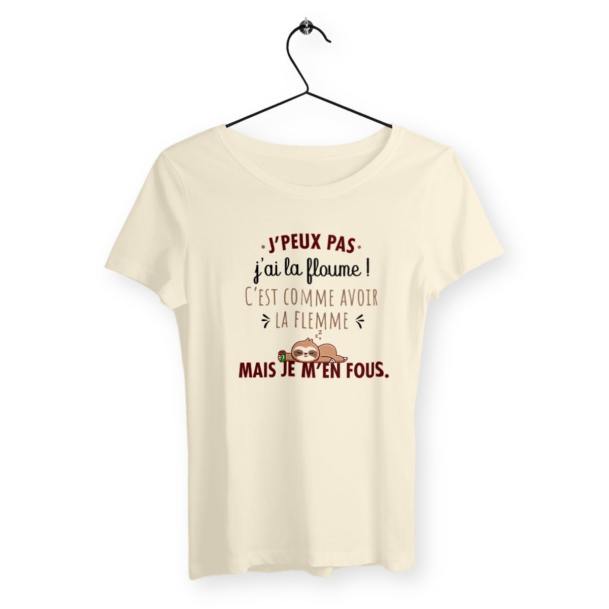 T-shirt femme avec l'inscription "J'ai la floume", parfait pour celles qui aiment exprimer leur humeur décontractée avec humour. Confortable et stylé, il reflète une attitude relax et un état d’esprit zen avec une touche de fun.