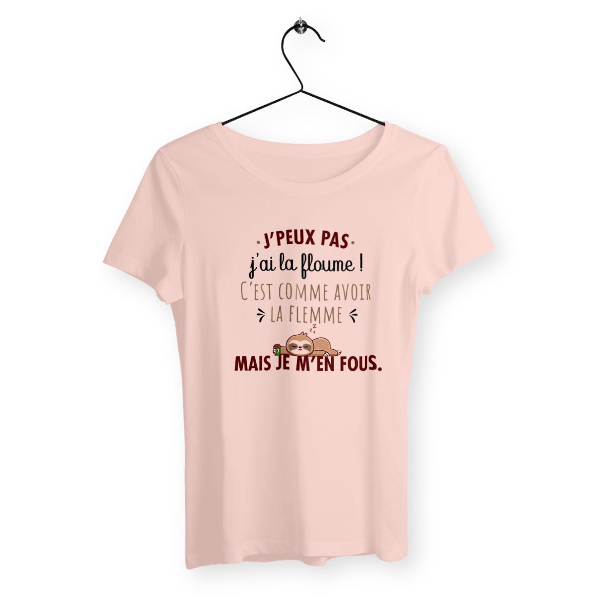 T-shirt femme avec l'inscription "J'ai la floume", parfait pour celles qui aiment exprimer leur humeur décontractée avec humour. Confortable et stylé, il reflète une attitude relax et un état d’esprit zen avec une touche de fun.