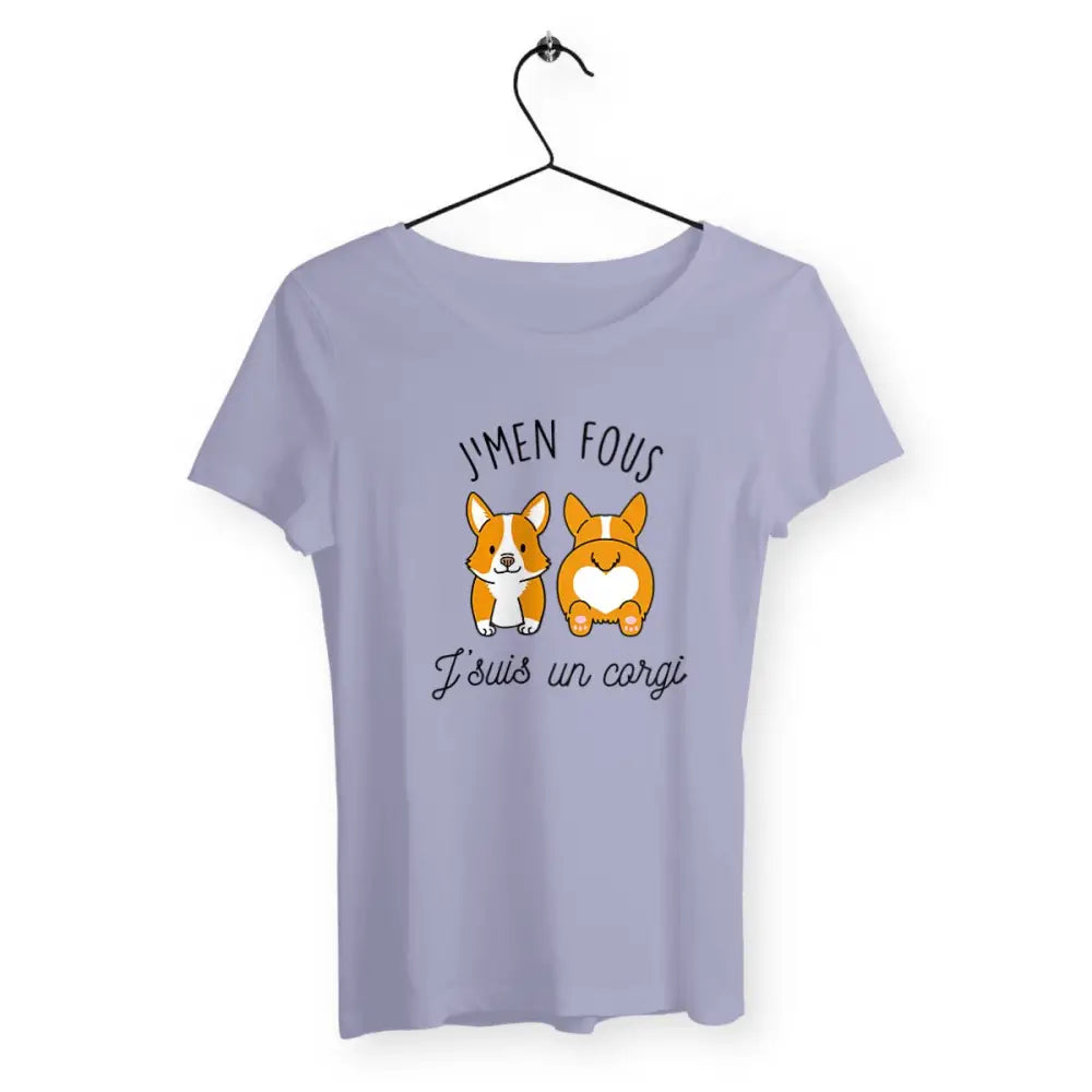 T-shirt femme avec l'inscription "J'men fous j'suis un corgi" – Un design drôle et décalé pour afficher votre côté décontracté et votre amour pour les Corgis. Parfait pour les fans de cette race adorable et pleine de personnalité !