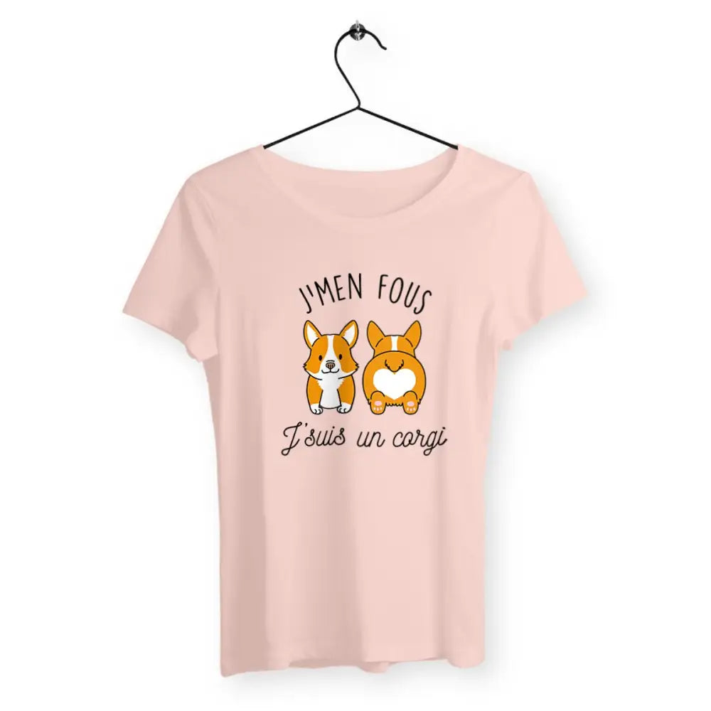 T-shirt femme avec l'inscription "J'men fous j'suis un corgi" – Un design drôle et décalé pour afficher votre côté décontracté et votre amour pour les Corgis. Parfait pour les fans de cette race adorable et pleine de personnalité !