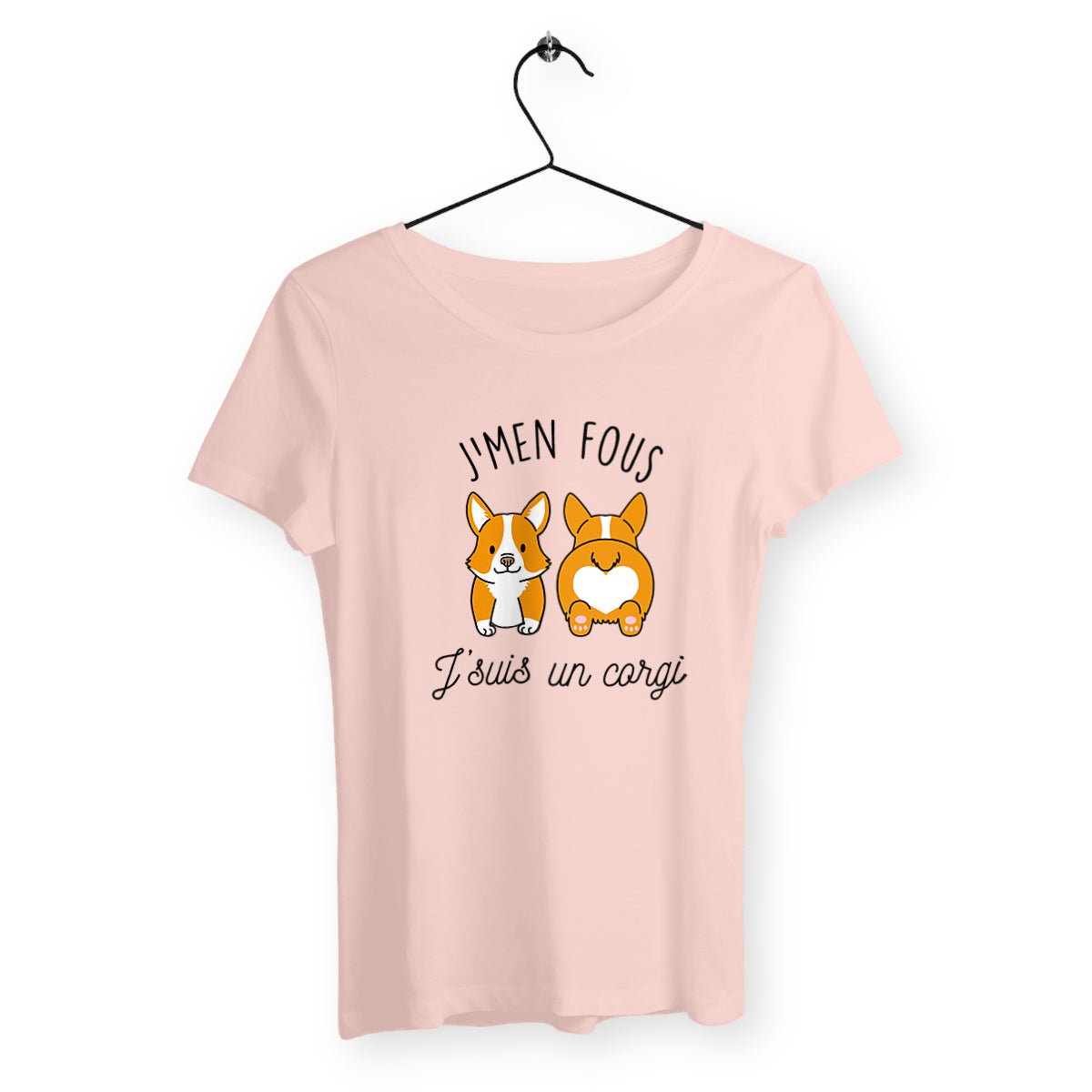 T-shirt femme avec l'inscription "J'men fous j'suis un corgi" – Un design drôle et décalé pour afficher votre côté décontracté et votre amour pour les Corgis. Parfait pour les fans de cette race adorable et pleine de personnalité !