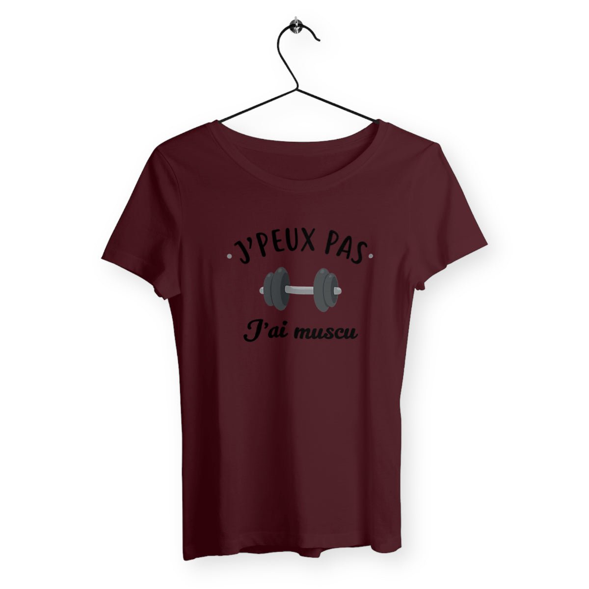 T-shirt femme avec l'inscription "J'peux pas j'ai muscu", un modèle motivant et sportif pour les passionnées de fitness et de musculation. Confortable et stylé, idéal pour afficher votre détermination et votre amour du sport avec une touche d'humour.
