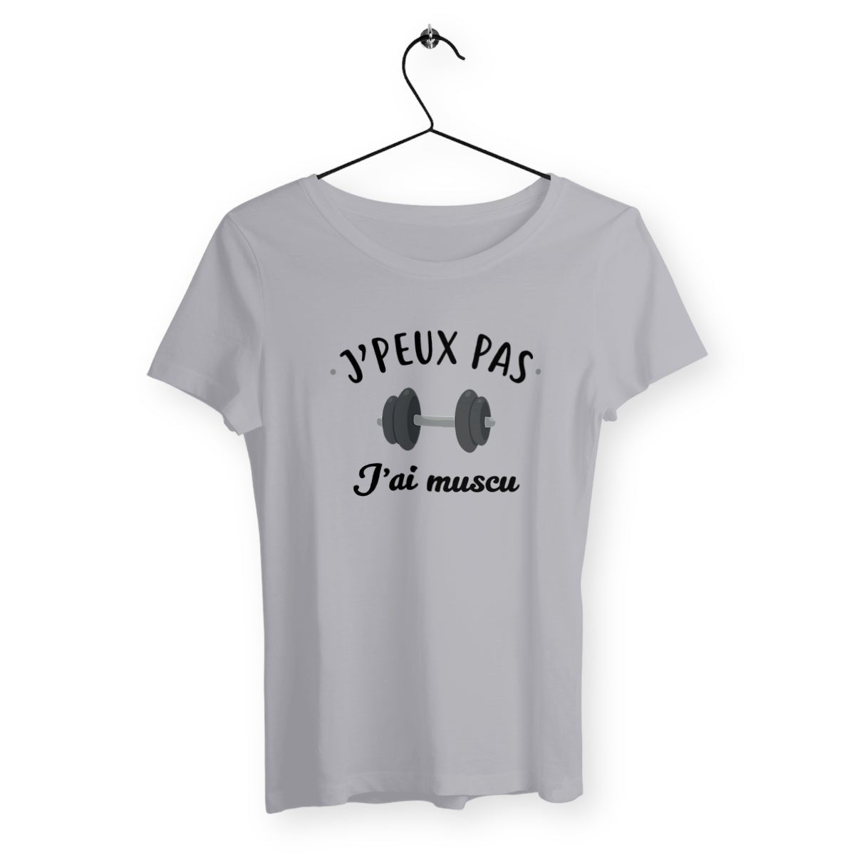 T-shirt femme avec l'inscription "J'peux pas j'ai muscu", un modèle motivant et sportif pour les passionnées de fitness et de musculation. Confortable et stylé, idéal pour afficher votre détermination et votre amour du sport avec une touche d'humour.