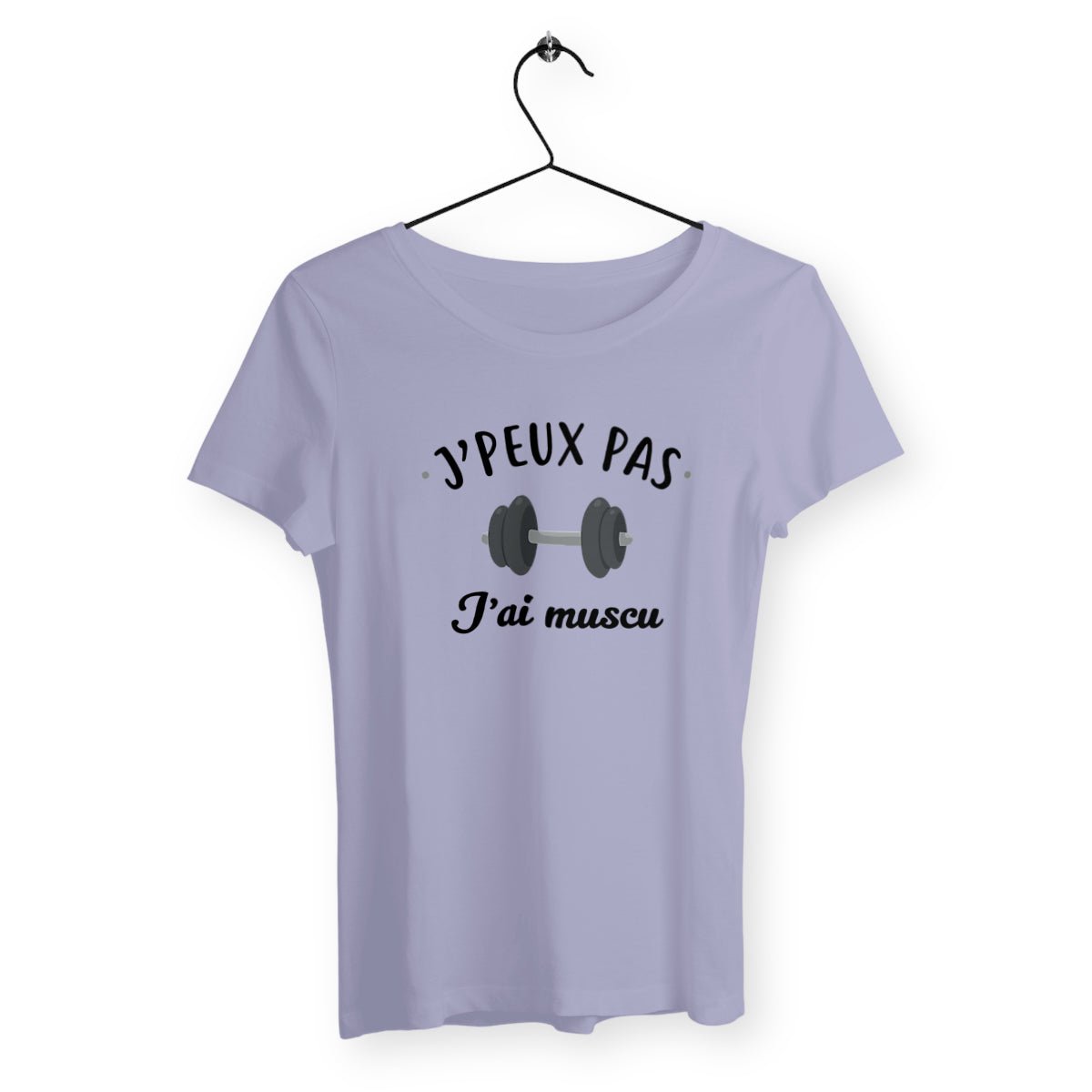 T-shirt femme avec l'inscription "J'peux pas j'ai muscu", un modèle motivant et sportif pour les passionnées de fitness et de musculation. Confortable et stylé, idéal pour afficher votre détermination et votre amour du sport avec une touche d'humour.