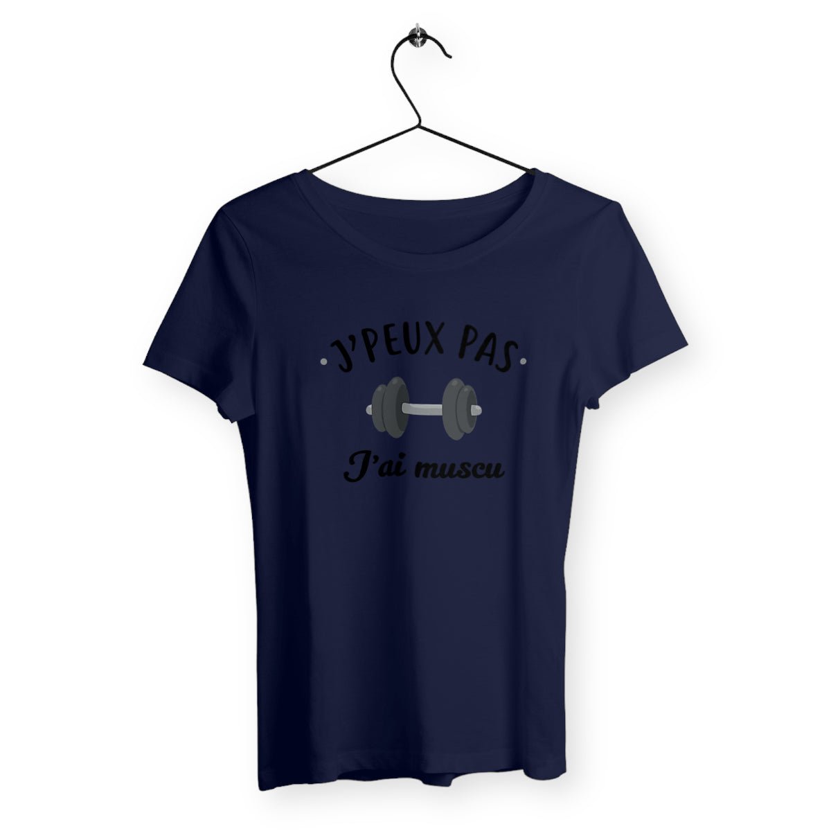 T-shirt femme avec l'inscription "J'peux pas j'ai muscu", un modèle motivant et sportif pour les passionnées de fitness et de musculation. Confortable et stylé, idéal pour afficher votre détermination et votre amour du sport avec une touche d'humour.