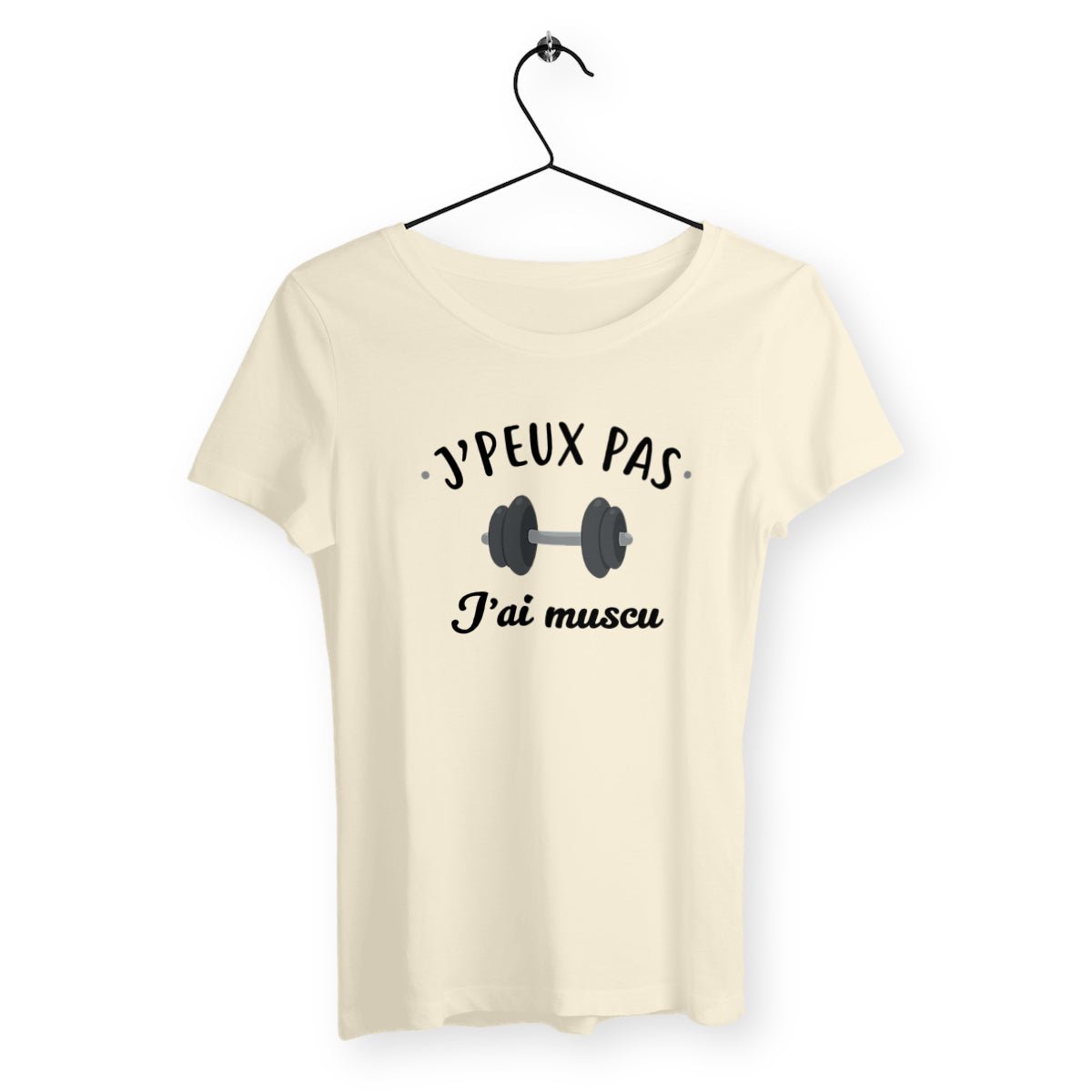 T-shirt femme avec l'inscription "J'peux pas j'ai muscu", un modèle motivant et sportif pour les passionnées de fitness et de musculation. Confortable et stylé, idéal pour afficher votre détermination et votre amour du sport avec une touche d'humour.