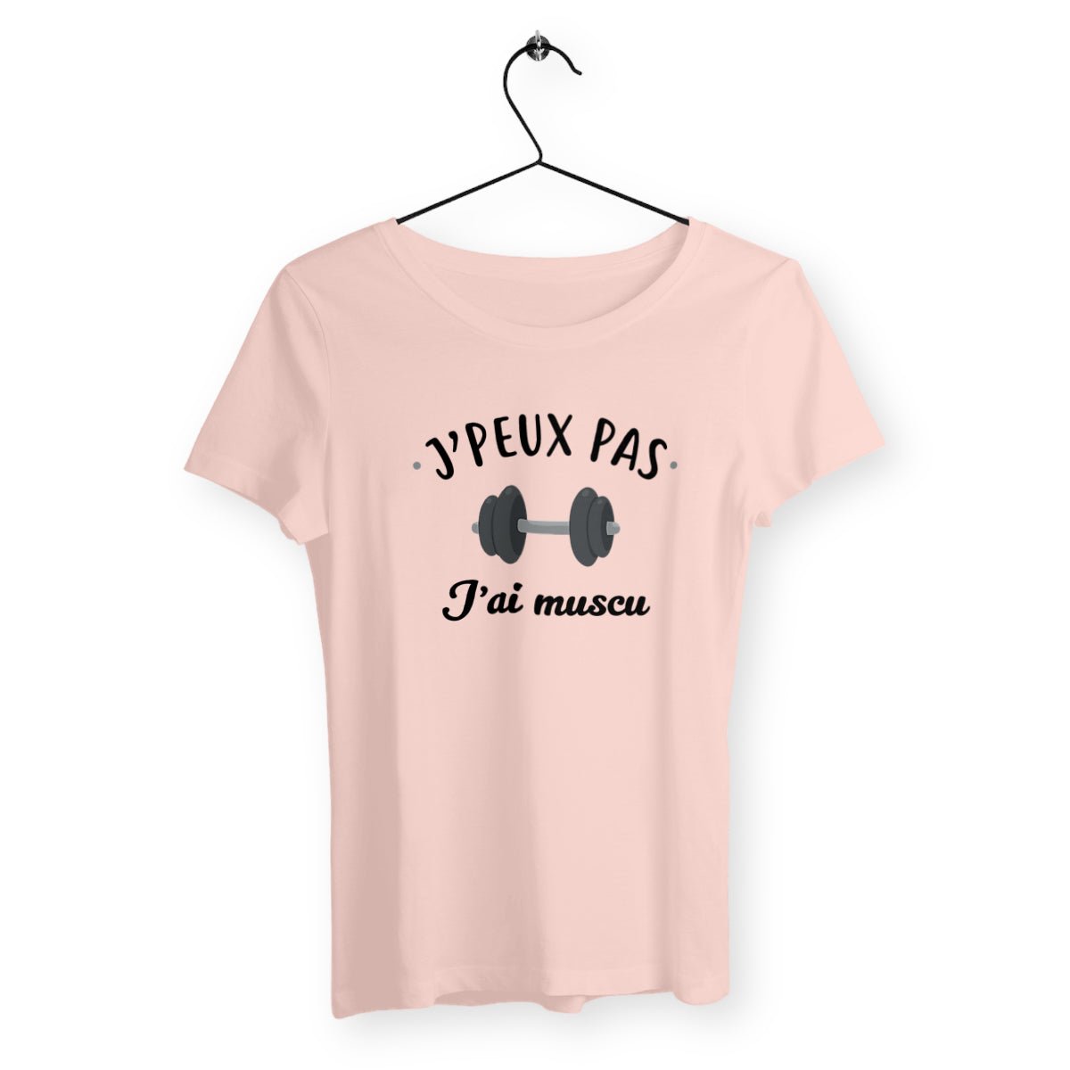 T-shirt femme avec l'inscription "J'peux pas j'ai muscu", un modèle motivant et sportif pour les passionnées de fitness et de musculation. Confortable et stylé, idéal pour afficher votre détermination et votre amour du sport avec une touche d'humour.