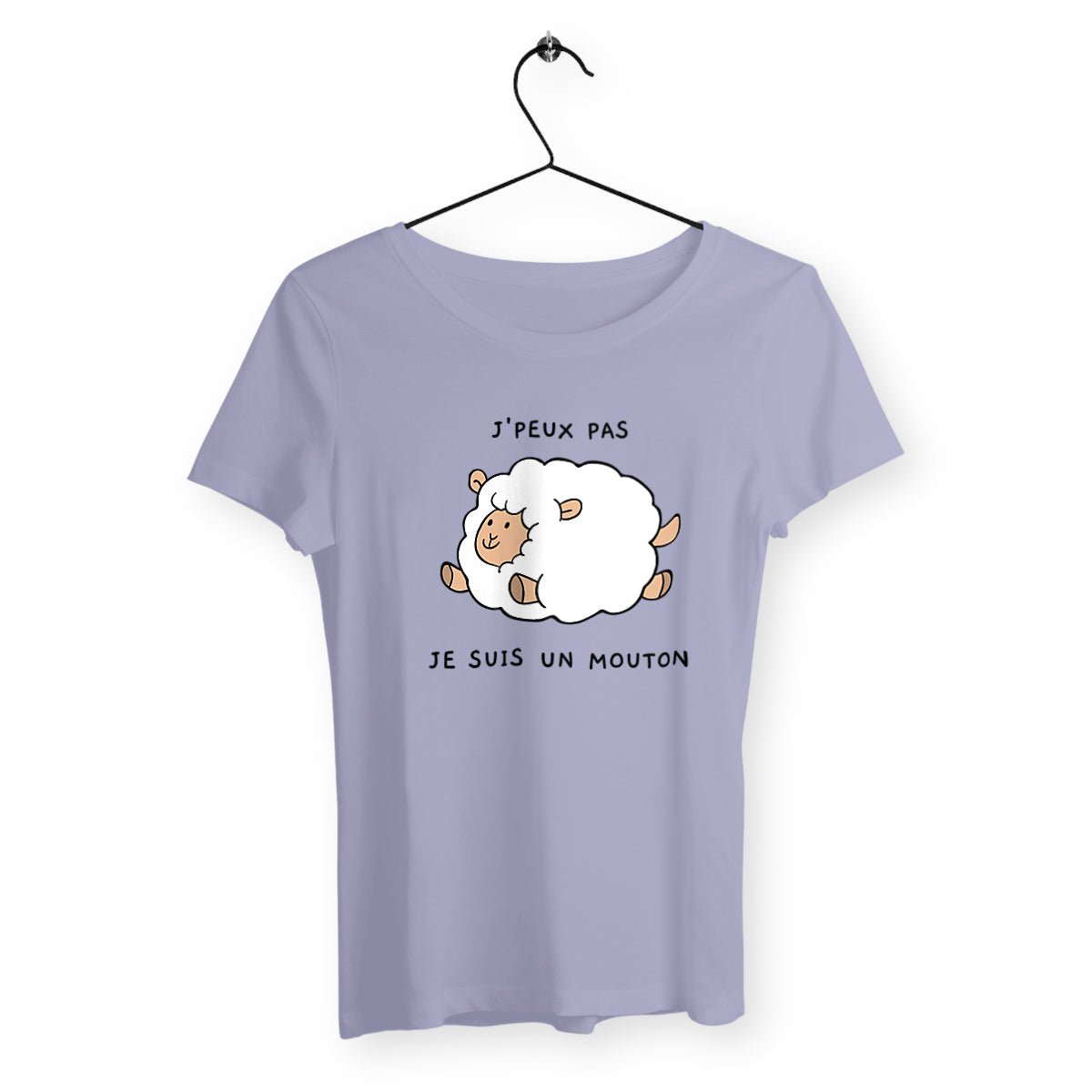 T-shirt femme avec l'inscription "J'peux pas, je suis un mouton", un modèle amusant et original pour celles qui aiment l'humour décalé. Confortable et stylé, parfait pour afficher un côté espiègle et léger.