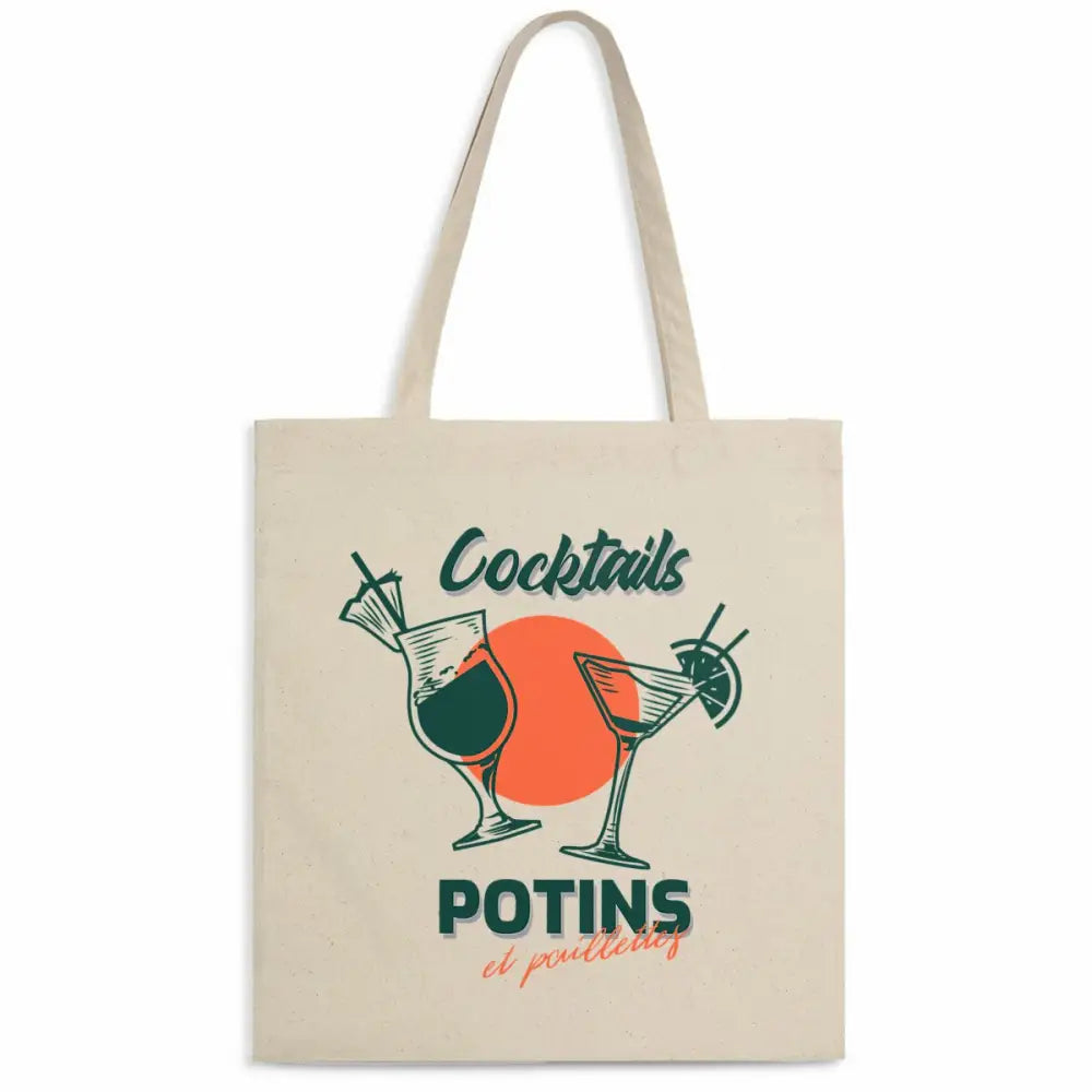 Totebag léger avec le design "Cocktails, Potins et Paillettes". Fabriqué à partir de 100% coton biologique, ce sac est à la fois écologique et tendance. Il pèse 160 g, est de taille unique et idéal pour transporter vos essentiels du quotidien. Avec son look fun et glamour, il est parfait pour un usage quotidien tout en étant respectueux de l'environnement.