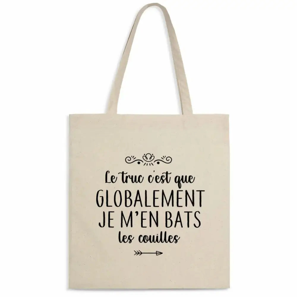 Totebag en coton biologique avec l’inscription humoristique et provocante "Globalement je m’en bats les couilles", sac léger de 160 g, taille unique, style décalé et éco-responsable.