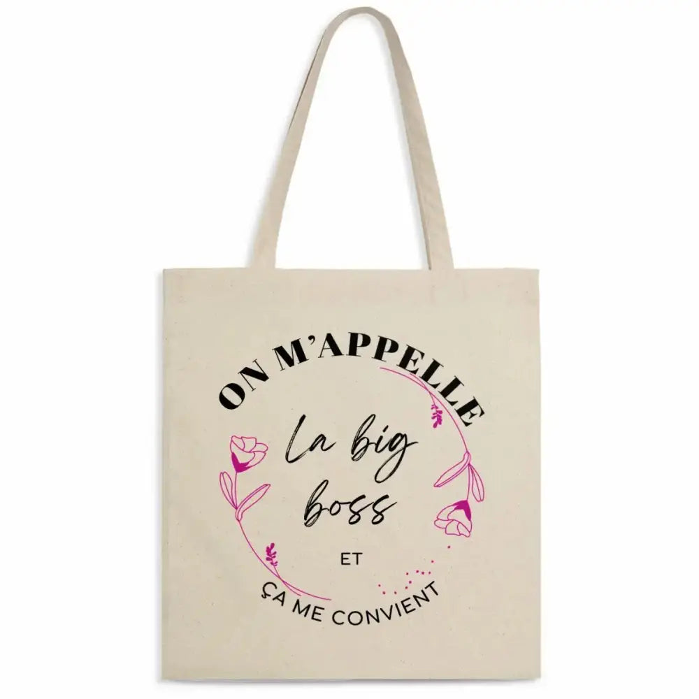 Totebag en coton biologique avec l’inscription "On m'appelle la big boss", sac léger de 160 g, taille unique, style affirmé et éco-responsable.