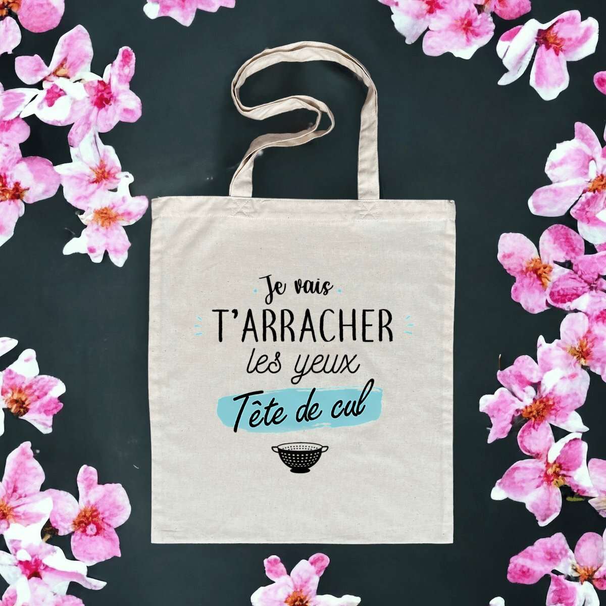 Totebag en coton biologique avec l’inscription humoristique et provocante "Je vais t’arracher les yeux, tête de cul", sac léger de 160 g, taille unique.