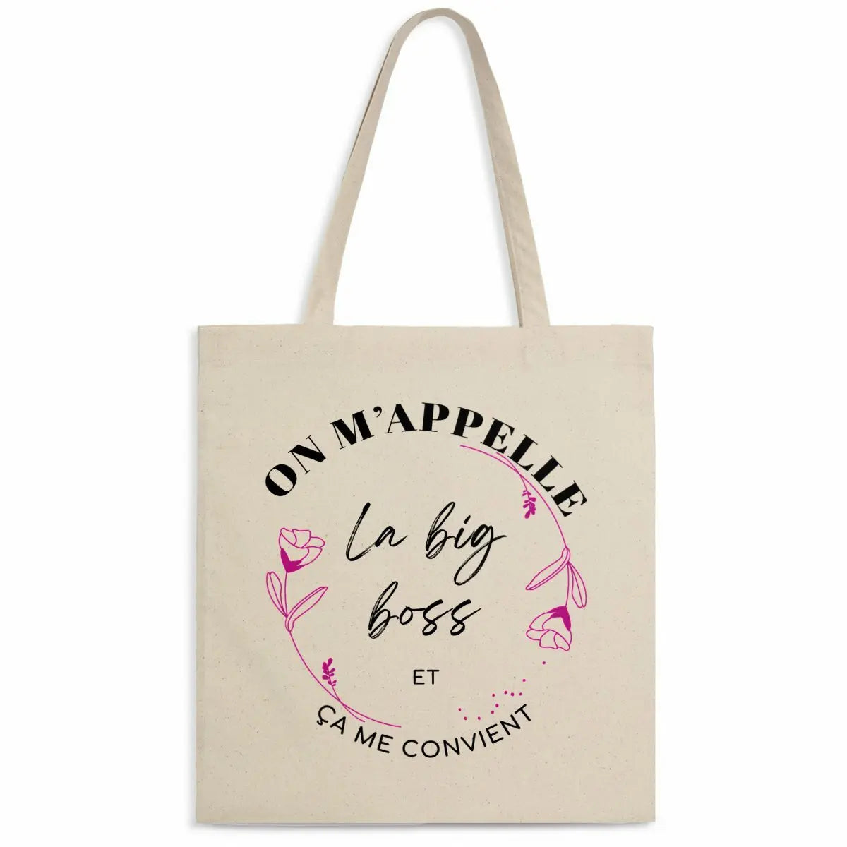 Totebag en coton biologique avec l’inscription "On m'appelle la big boss", sac léger de 160 g, taille unique, style affirmé et éco-responsable.