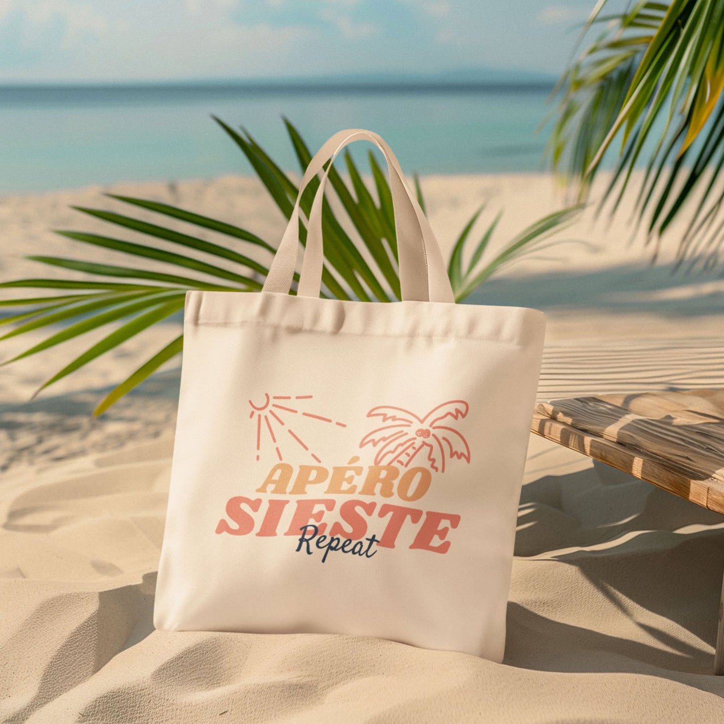 Totebag en coton bio avec le design 'Apéro Sieste Repeat', léger, pratique et éco-responsable. Sac réutilisable parfait pour les moments de détente et les sorties décontractées.