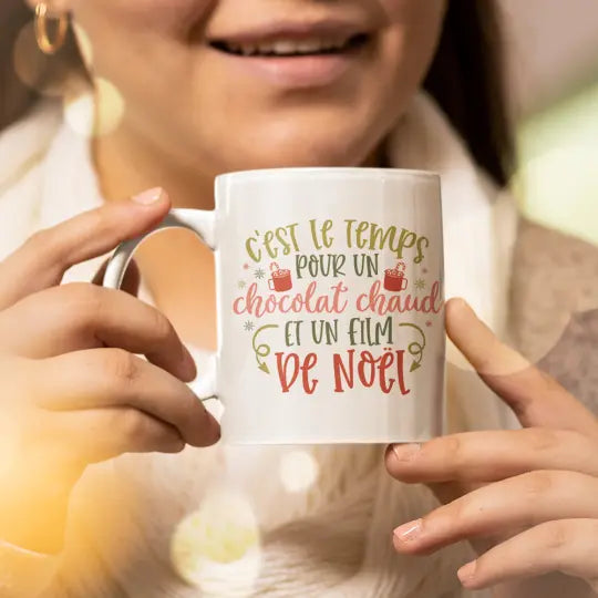 Mug céramique imprimé C'est le temps pour un chocolat chaud et un film de Noël Encre et Créations