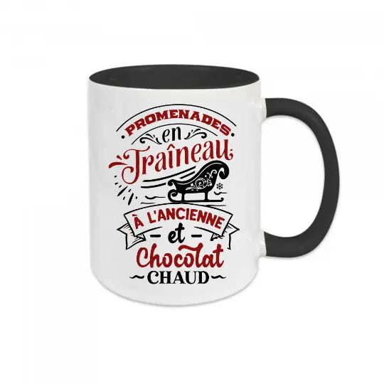 Mug céramique imprimé Promenades en traîneau à l'ancienne et chocolat chaud Encre et Créations