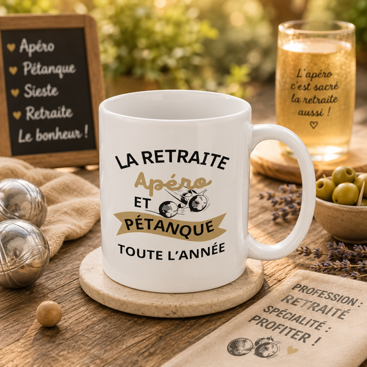 Mug céramique La retraite apéro et pétanque toute l'année