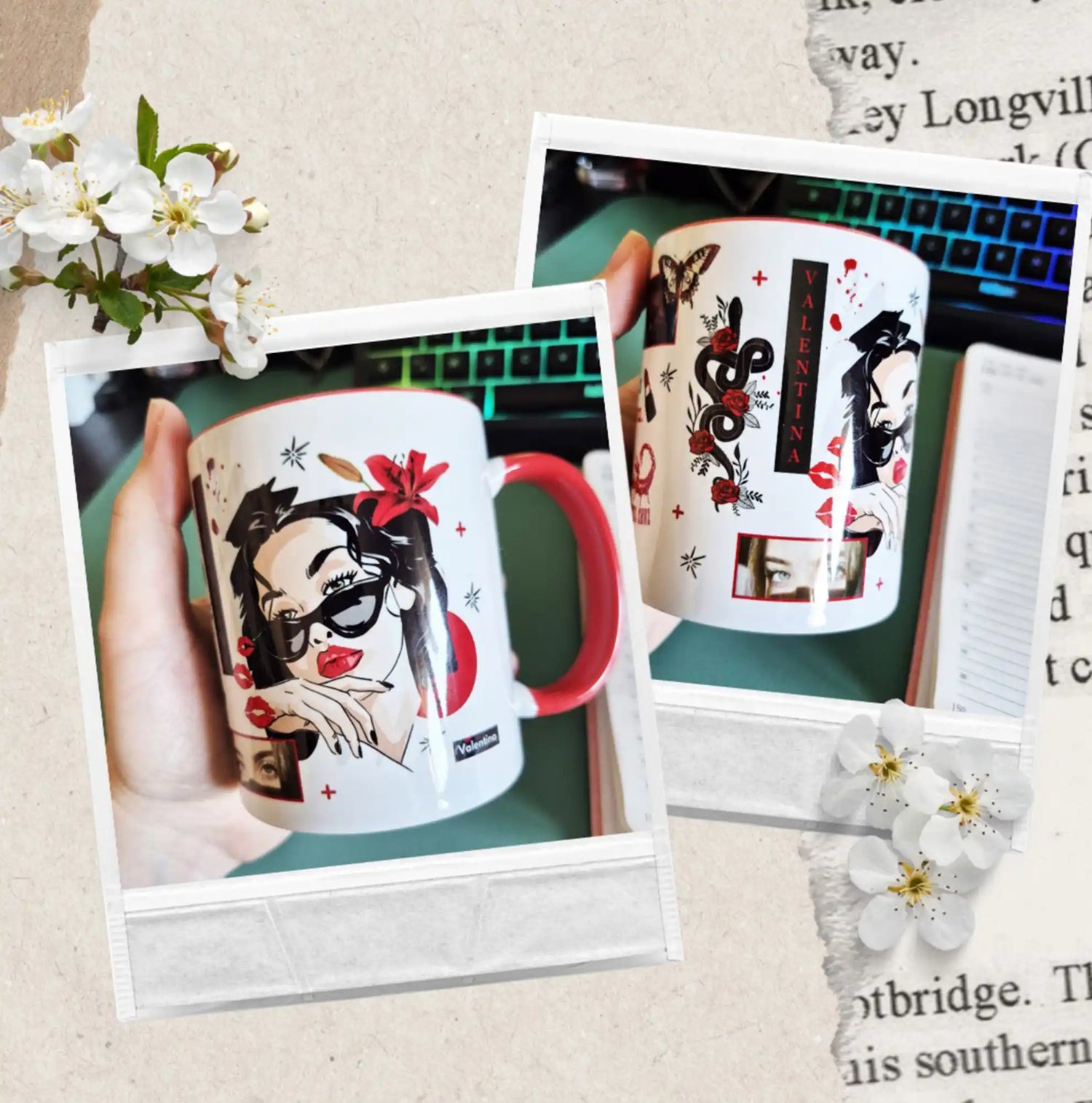 Une tasse en céramique blanche avec une poignée et un intérieur rouges, représentant une femme élégante portant des lunettes, une fleur rouge, et un motif avec des serpents noirs, des roses et des lèvres rouges.