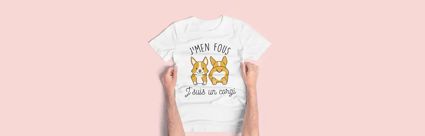Un t-shirt blanc avec un dessin de corgi en cartoon.