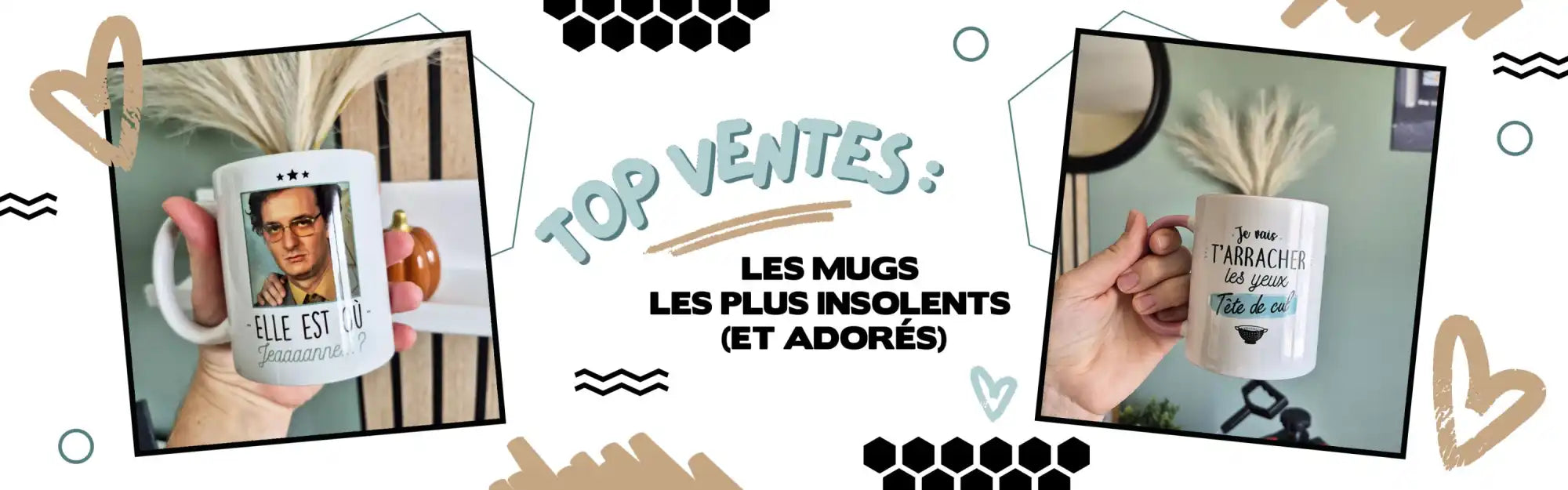 Tasse en céramique avec portrait imprimé et texte, fond blanc, accents noirs.