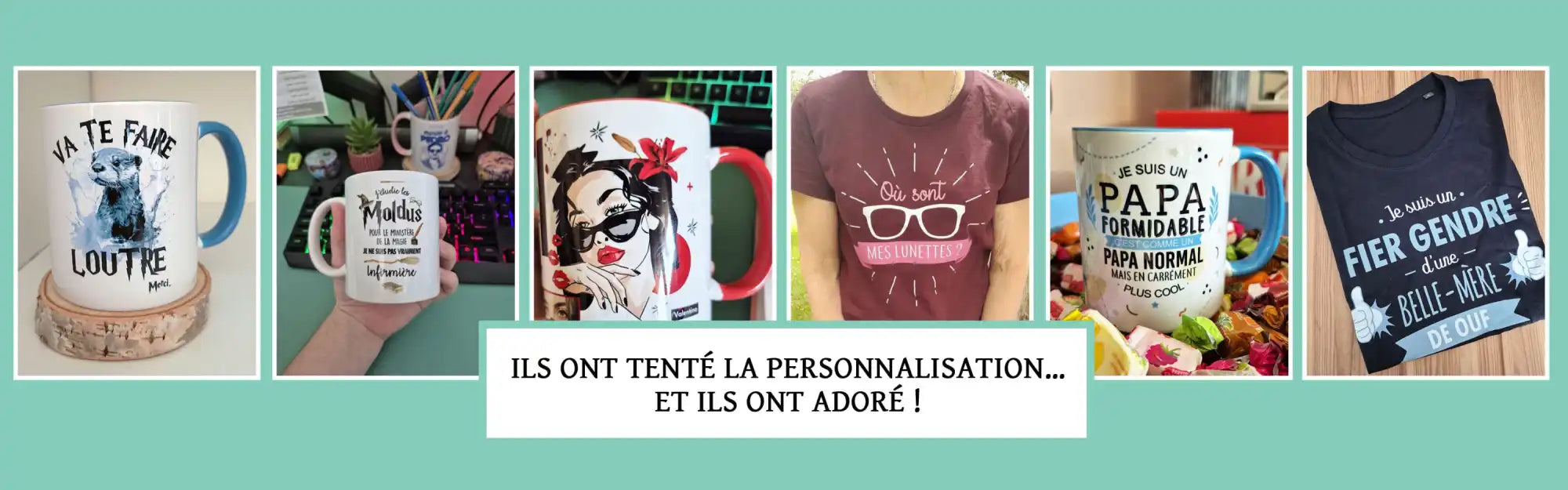 Tasse en céramique avec texte et design personnalisés, ornée d'un fond bleu et d'inscriptions blanches.