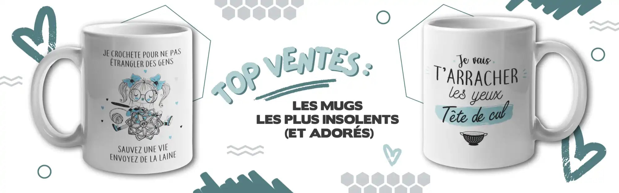 Deux tasses en céramique blanche avec un texte humoristique en français.