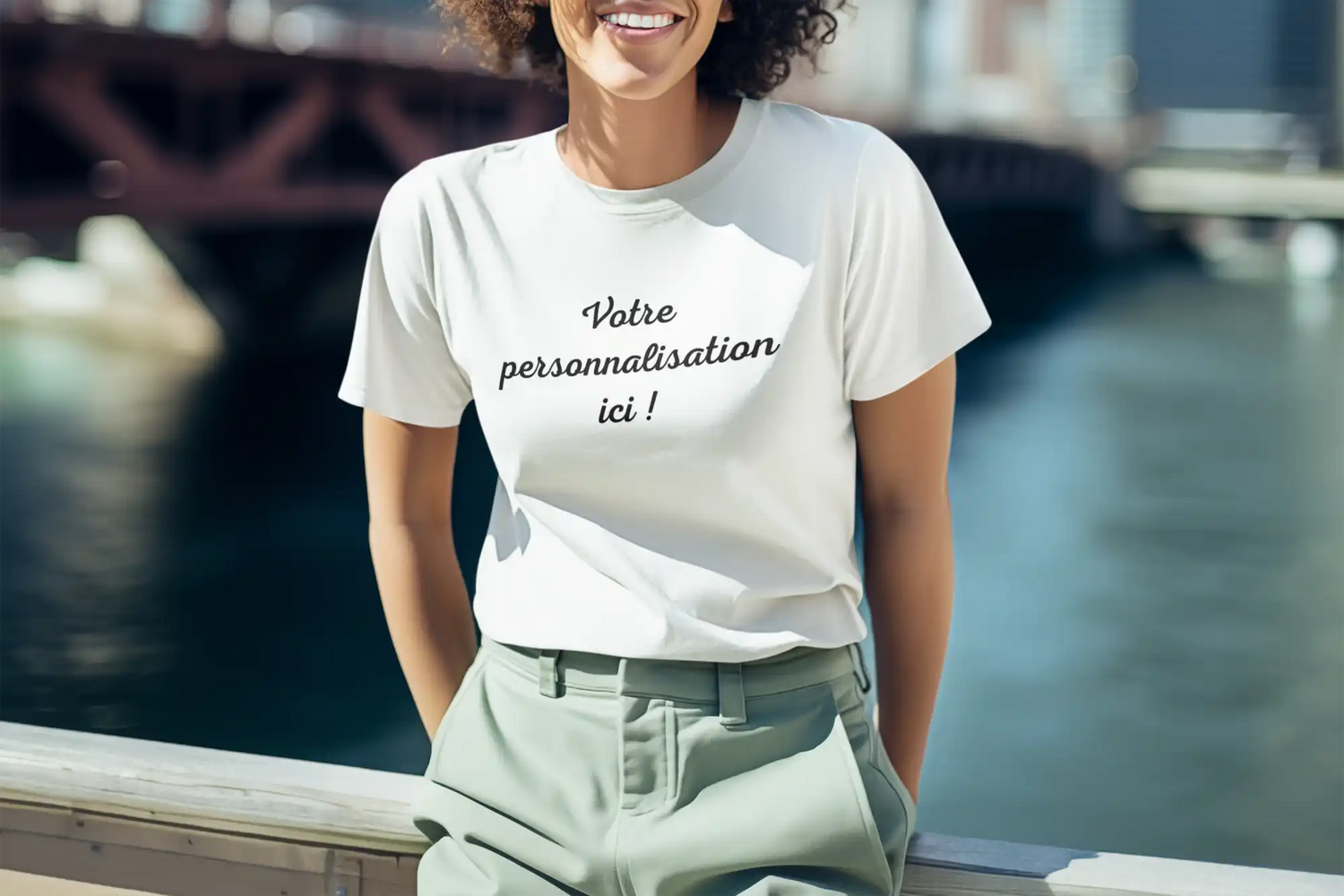 Une femme souriante portant un t-shirt de couleur claire avec « Votre personnalisation ici ! » écrit dessus et un pantalon vert clair.