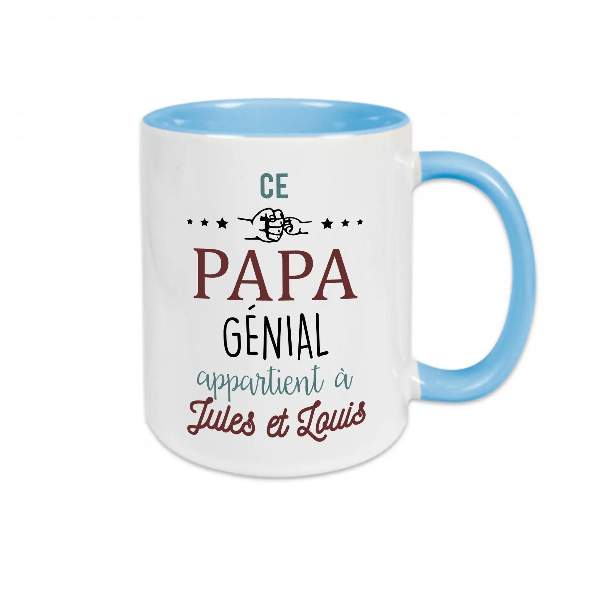 Mug céramique - Ce papa génial appartient à (à personnaliser avec le ou les prénoms de votre choix) Bleu