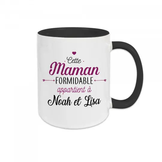 Mug céramique - Cette maman formidable appartient à (à personnaliser avec le ou les prénoms de votre choix) Noir