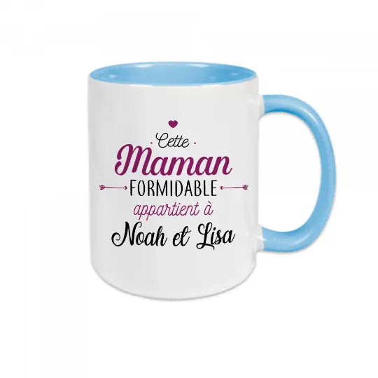 Mug céramique - Cette maman formidable appartient à (à personnaliser avec le ou les prénoms de votre choix) Bleu