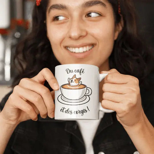 Mug céramique - Du café et des corgis - Blanc - Mugs